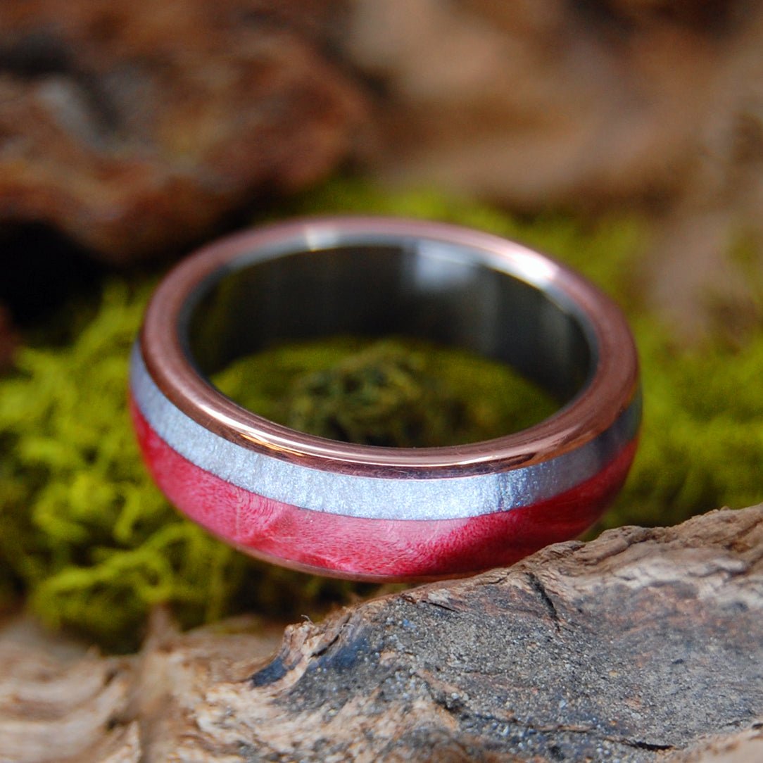 Bog At Sunset | Men's Gray Marbled Opalescent, Red Box Elder, Copper & Titanium Wedding Ring - Minter and Richter Designs