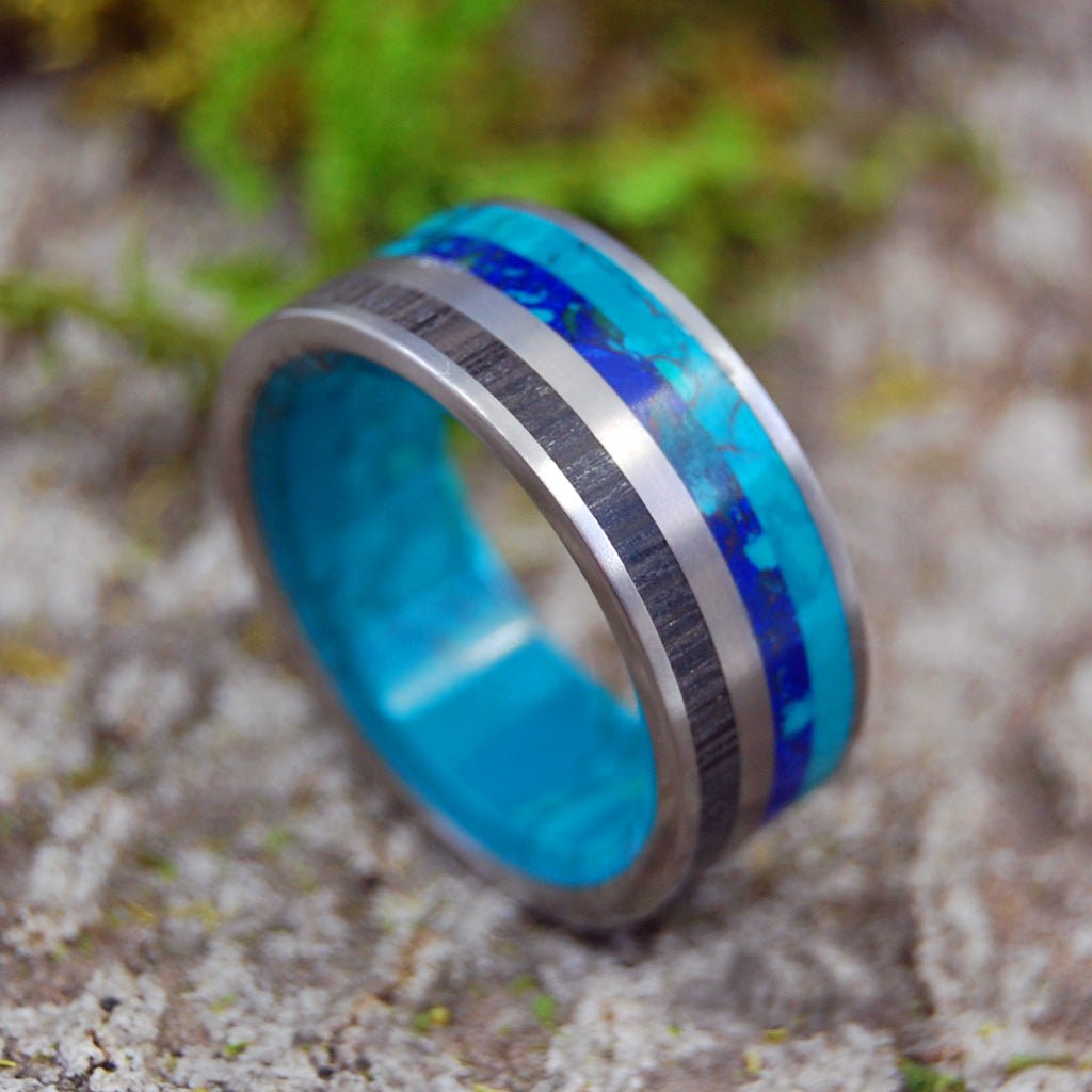 Bog & Stone | Men's Bog Oak Wood, Chrysocolla & Titanium Wedding Ring - Minter and Richter Designs