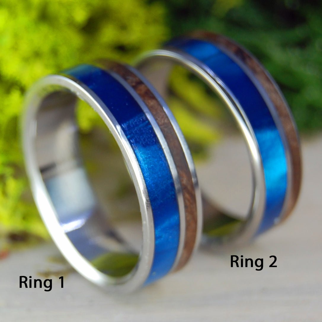 Boosheret | Blue Marbled Opalescent & Dark Wood Wedding Ring Set - Minter and Richter Designs