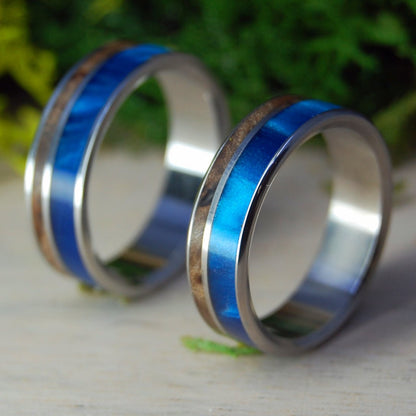 Boosheret | Blue Marbled Opalescent & Dark Wood Wedding Ring Set - Minter and Richter Designs