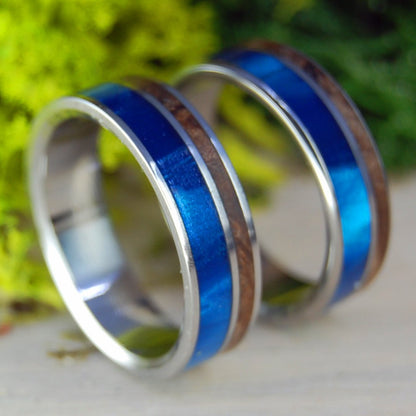 Boosheret | Blue Marbled Opalescent & Dark Wood Wedding Ring Set - Minter and Richter Designs