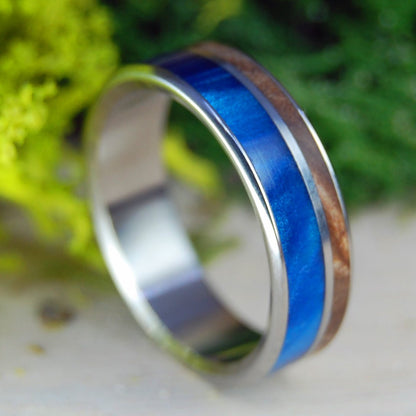 Boosheret I Blue Marbled Opalescent & Dark Maple Wood Wedding Ring | Men's Blue Marbled Opalescent, Dark Maple Wood & Titanium Wedding Ring - Minter and Richter Designs