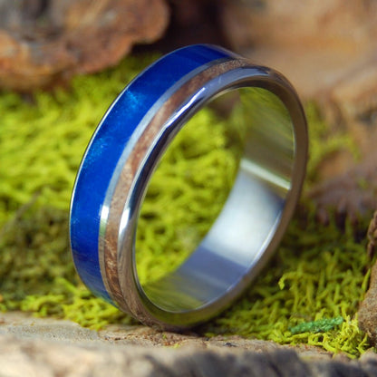 Boosheret I Blue Marbled Opalescent & Dark Maple Wood Wedding Ring | Men's Blue Marbled Opalescent, Dark Maple Wood & Titanium Wedding Ring - Minter and Richter Designs