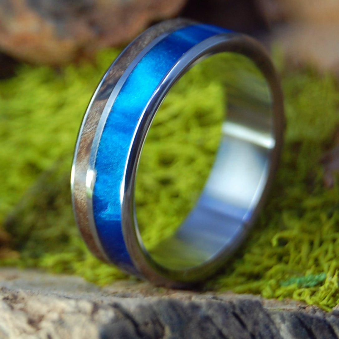 Boosheret I Blue Marbled Opalescent & Dark Maple Wood Wedding Ring | Men's Blue Marbled Opalescent, Dark Maple Wood & Titanium Wedding Ring - Minter and Richter Designs