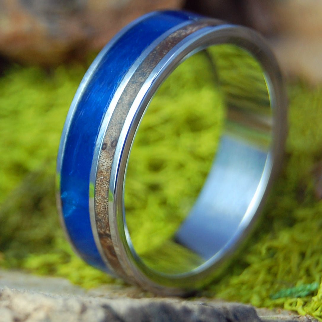 Boosheret Inox I Blue Marbled Opalescent & Dark Maple Wood Wedding Ring | Men's Blue Marbled Opalescent, Dark Maple Wood & Titanium Wedding Ring - Minter and Richter Designs