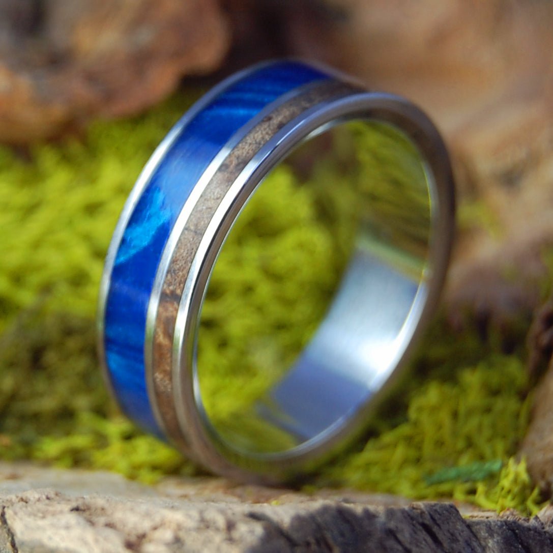 Boosheret Inox I Blue Marbled Opalescent & Dark Maple Wood Wedding Ring | Men's Blue Marbled Opalescent, Dark Maple Wood & Titanium Wedding Ring - Minter and Richter Designs