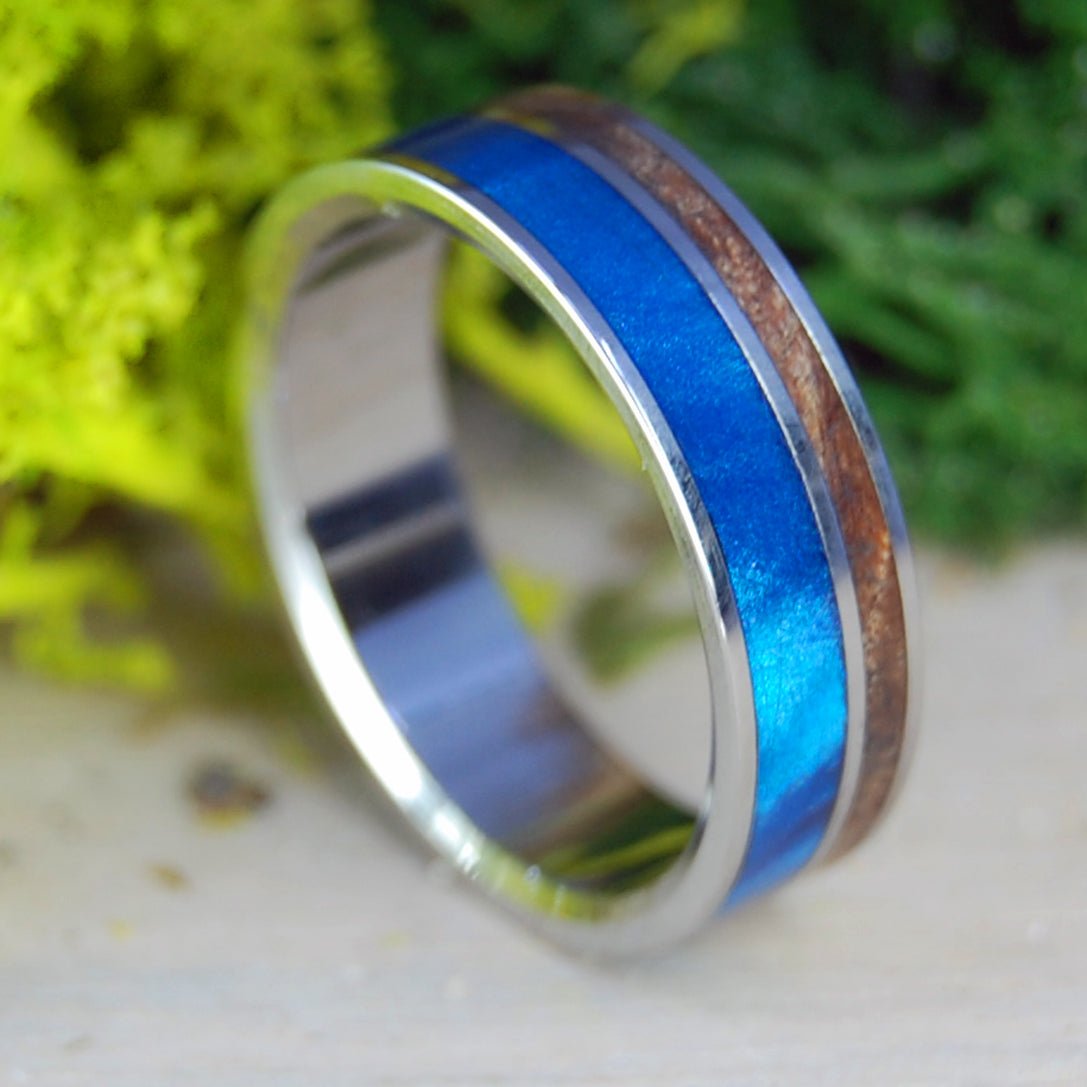 Boosheret Inox I Blue Marbled Opalescent & Dark Maple Wood Wedding Ring | Men's Blue Marbled Opalescent, Dark Maple Wood & Titanium Wedding Ring - Minter and Richter Designs