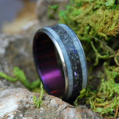 Boston's Purple Meteorite | Men's Charoite, Boston Harbor Sand, Meteorite, & Gray Marbled Opalescent Wedding Ring - Minter and Richter Designs