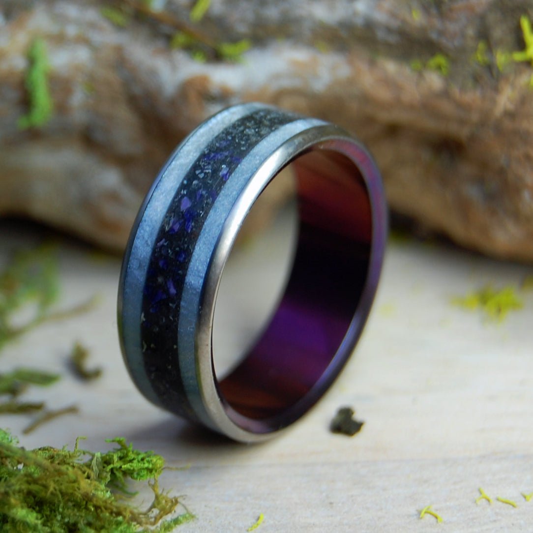 Boston's Purple Meteorite | Men's Charoite, Boston Harbor Sand, Meteorite, & Gray Marbled Opalescent Wedding Ring - Minter and Richter Designs