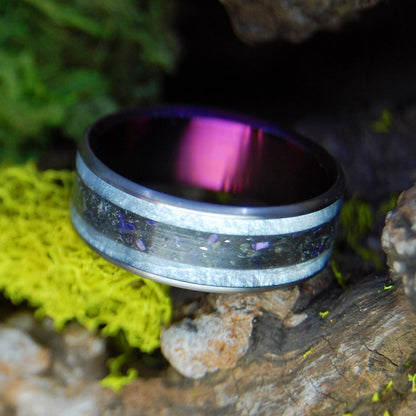 Boston's Purple Meteorite | Men's Charoite, Boston Harbor Sand, Meteorite, & Gray Marbled Opalescent Wedding Ring - Minter and Richter Designs