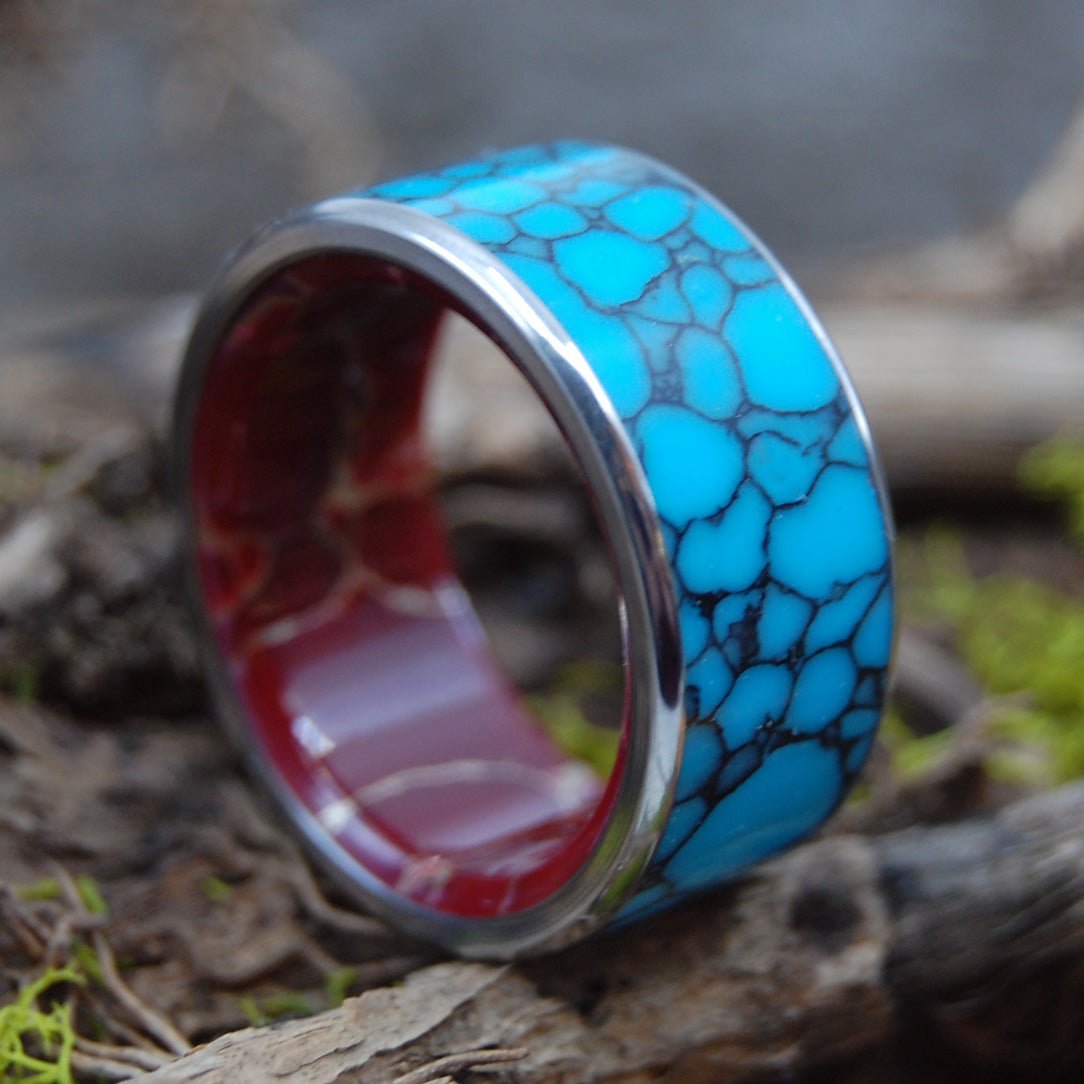 Bow To The King With Edges | Men's Turquoise, Red Jasper & Titanium Wedding Ring - Minter and Richter Designs