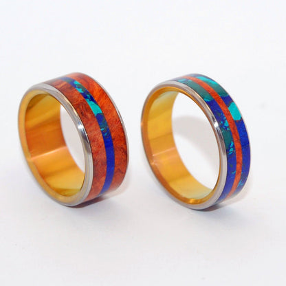 Bridge Between Amboyna Sea | Amboyna Burl Wood & Azurite Malachite Stone - Unique Wedding Ring Set - Minter and Richter Designs