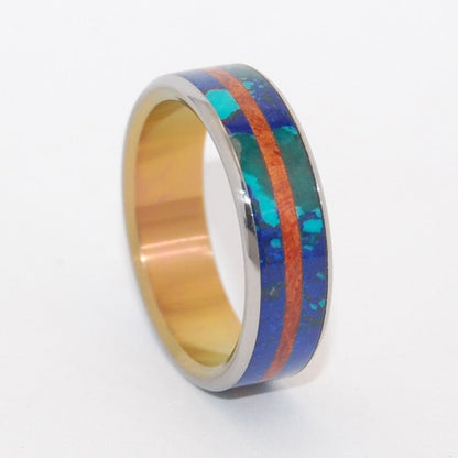 Bridge Between Oceans | Men's Amboyna Burl Wood, Azurite, & Malachite Wedding Ring - Minter and Richter Designs