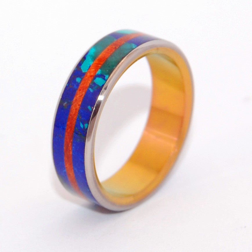 Bridge Between Oceans | Men's Amboyna Burl Wood, Azurite, & Malachite Wedding Ring - Minter and Richter Designs