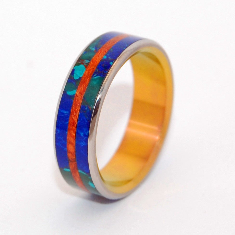 Bridge Between Oceans | Men's Amboyna Burl Wood, Azurite, & Malachite Wedding Ring - Minter and Richter Designs