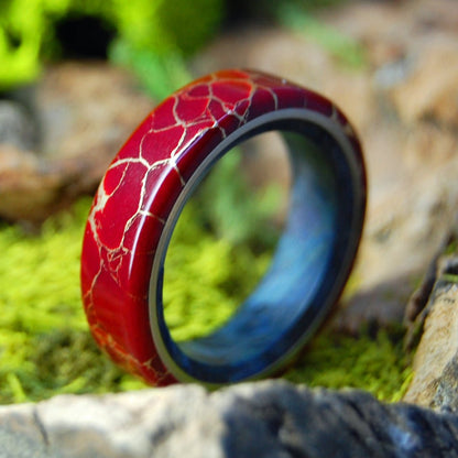 Bright & Brooding King | Men's Blue Box Elder Wood, Red Jasper & Titanium Wedding Ring - Minter and Richter Designs