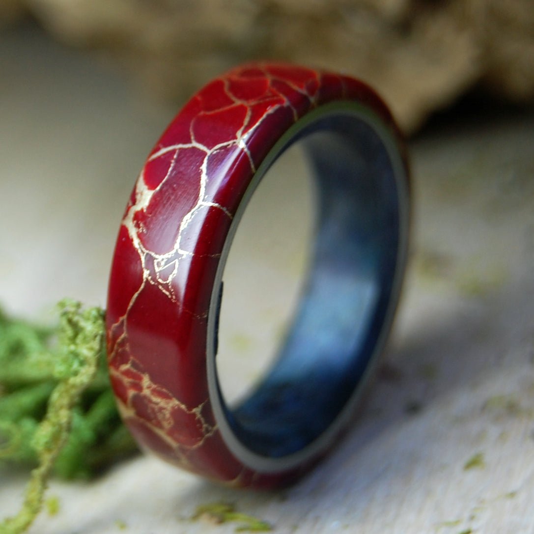 Bright & Brooding King | Men's Blue Box Elder Wood, Red Jasper & Titanium Wedding Ring - Minter and Richter Designs