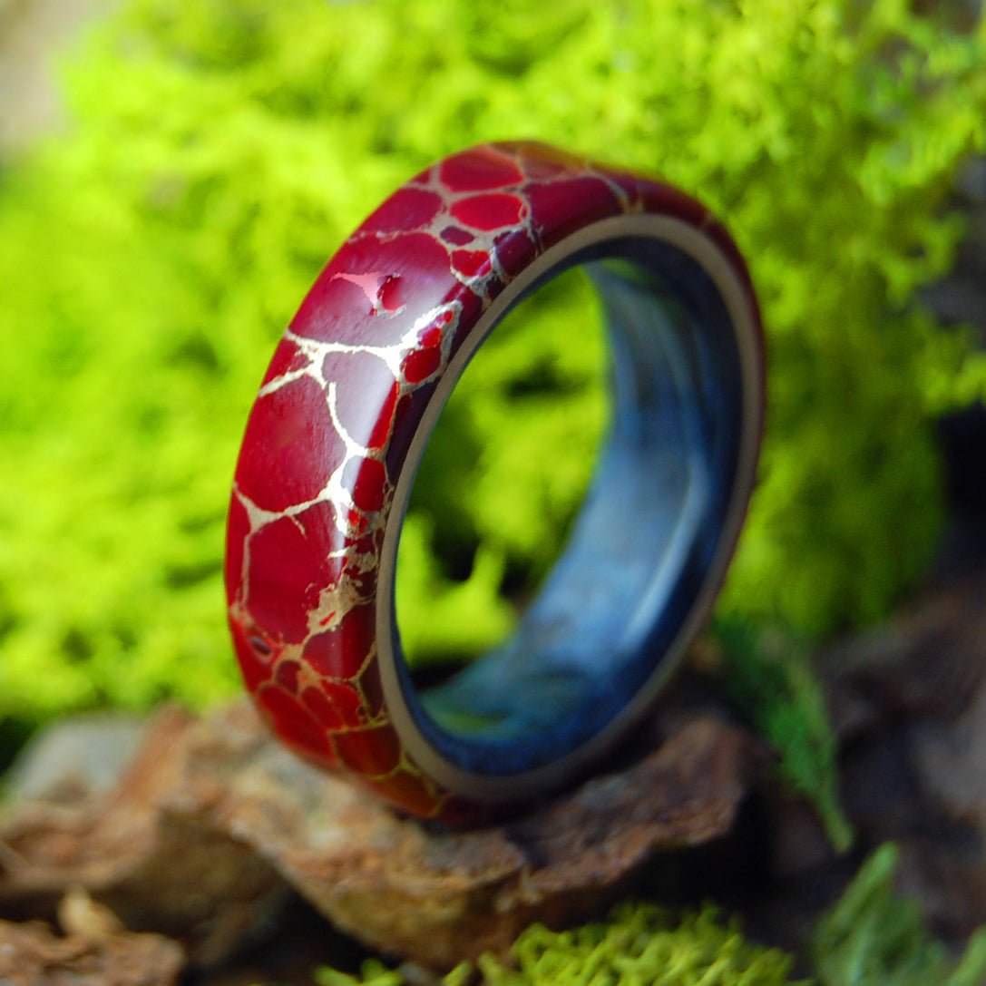 Bright & Brooding King | Men's Blue Box Elder Wood, Red Jasper & Titanium Wedding Ring - Minter and Richter Designs