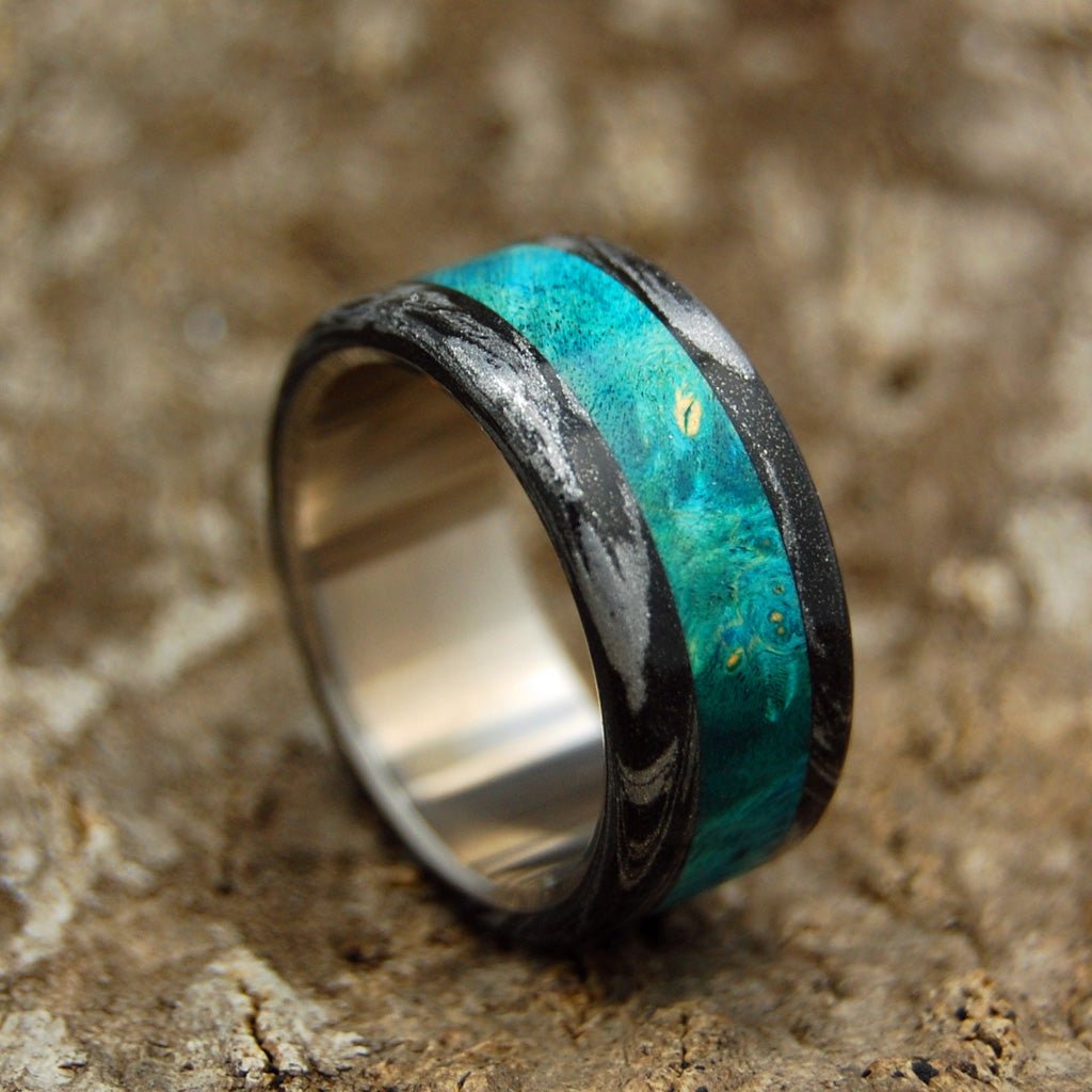 Bright Greek God | Men's Turquoise Blue Box Elder Wood, Black & Titanium Wedding Ring - Minter and Richter Designs