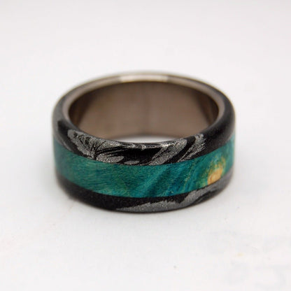 Bright Greek God | Men's Turquoise Blue Box Elder Wood, Black & Titanium Wedding Ring - Minter and Richter Designs