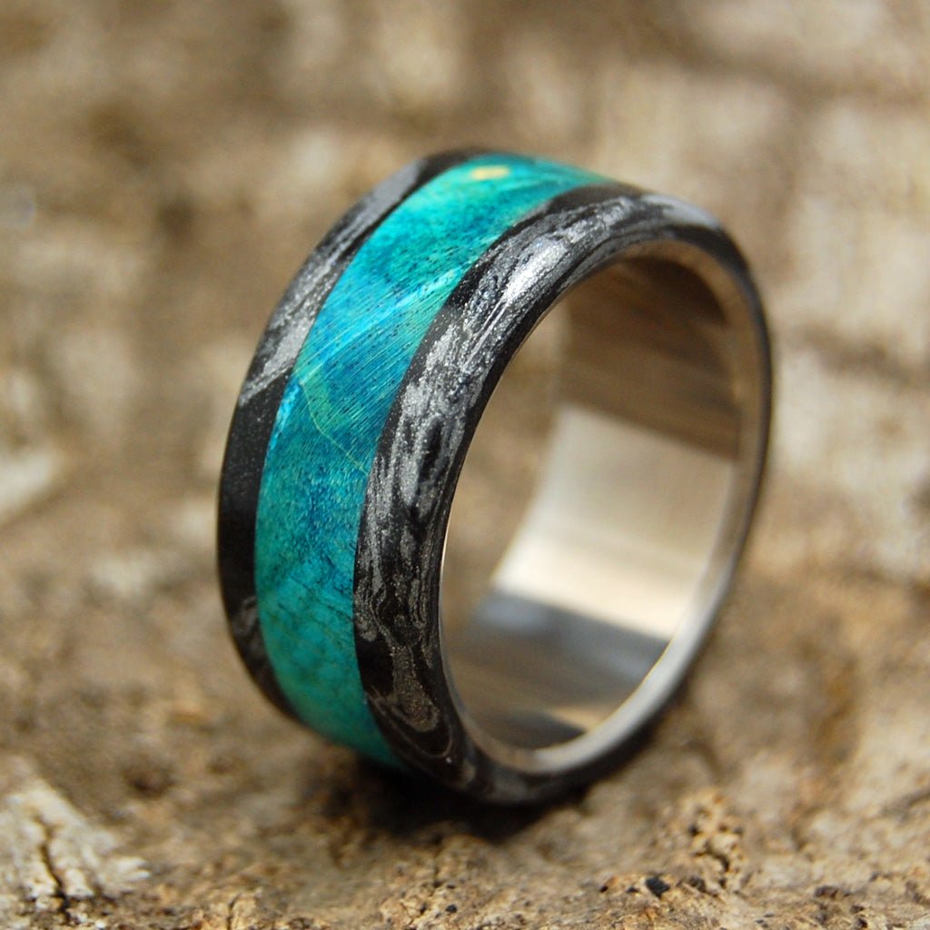 Bright Greek God | Men's Turquoise Blue Box Elder Wood, Black & Titanium Wedding Ring - Minter and Richter Designs