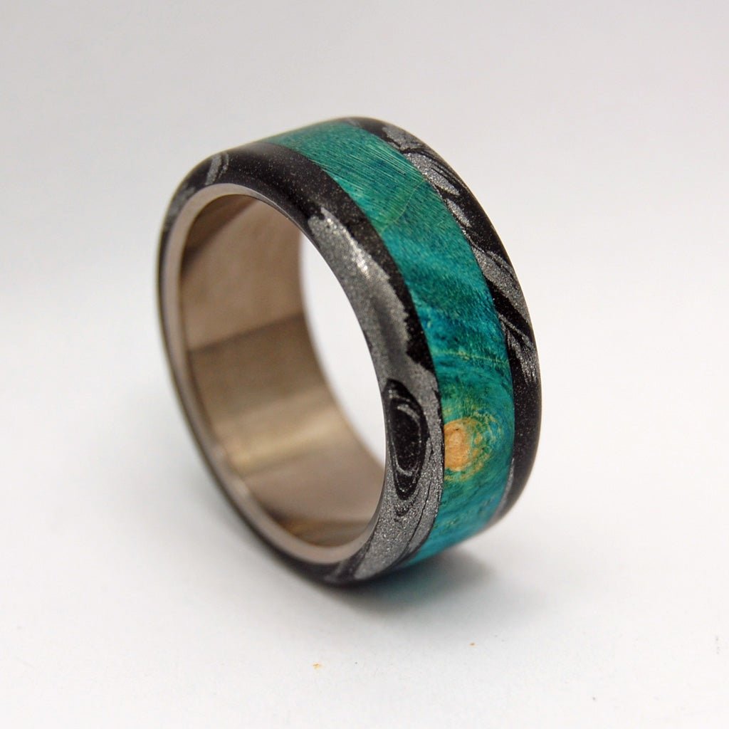 Bright Greek God | Men's Turquoise Blue Box Elder Wood, Black & Titanium Wedding Ring - Minter and Richter Designs