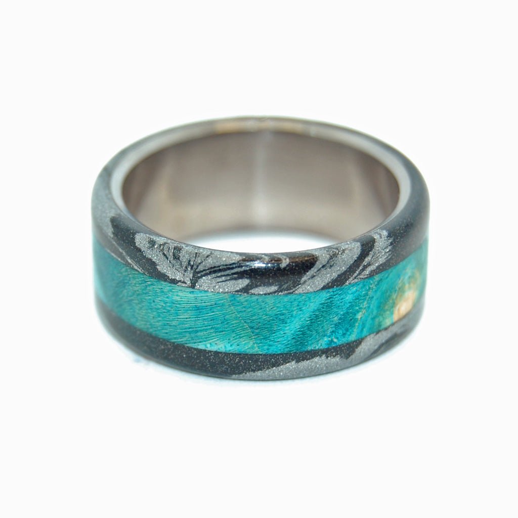 Bright Greek God | Men's Turquoise Blue Box Elder Wood, Black & Titanium Wedding Ring - Minter and Richter Designs