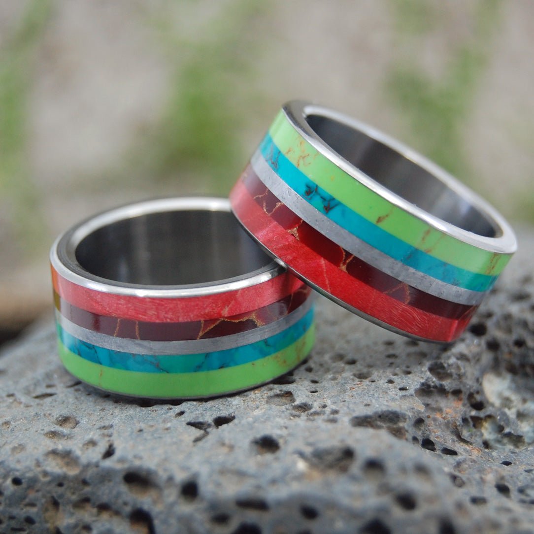 Bright Lion | Meteorite, Wood & Stone Titanium Wedding Ring Set - Minter and Richter Designs