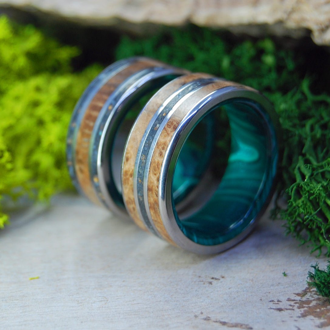 Bring Iceland Home I & Ii | Lava, Malachite Stone & Golden Box Elder Wedding Ring - Minter and Richter Designs