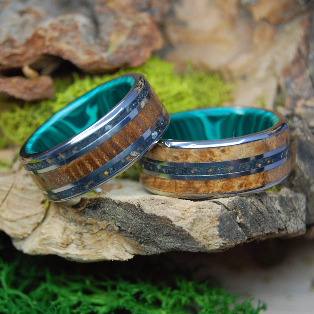 Bring Iceland Home I & Ii | Lava, Malachite Stone & Golden Box Elder Wedding Ring - Minter and Richter Designs