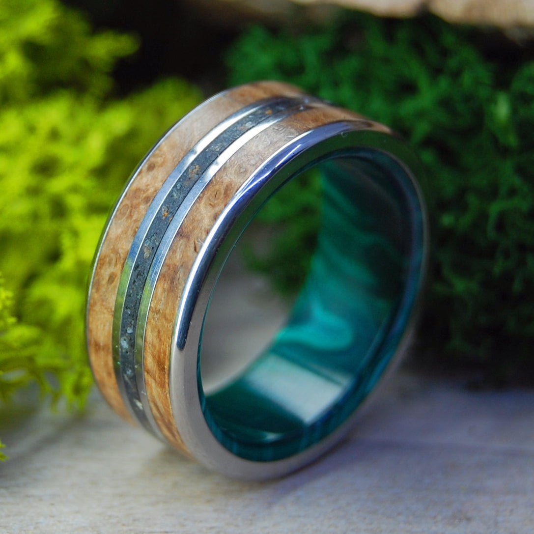 Bring Iceland Home | Men's Lava, Malachite Stone, Golden Box Elder & Titanium Wedding Ring - Minter and Richter Designs