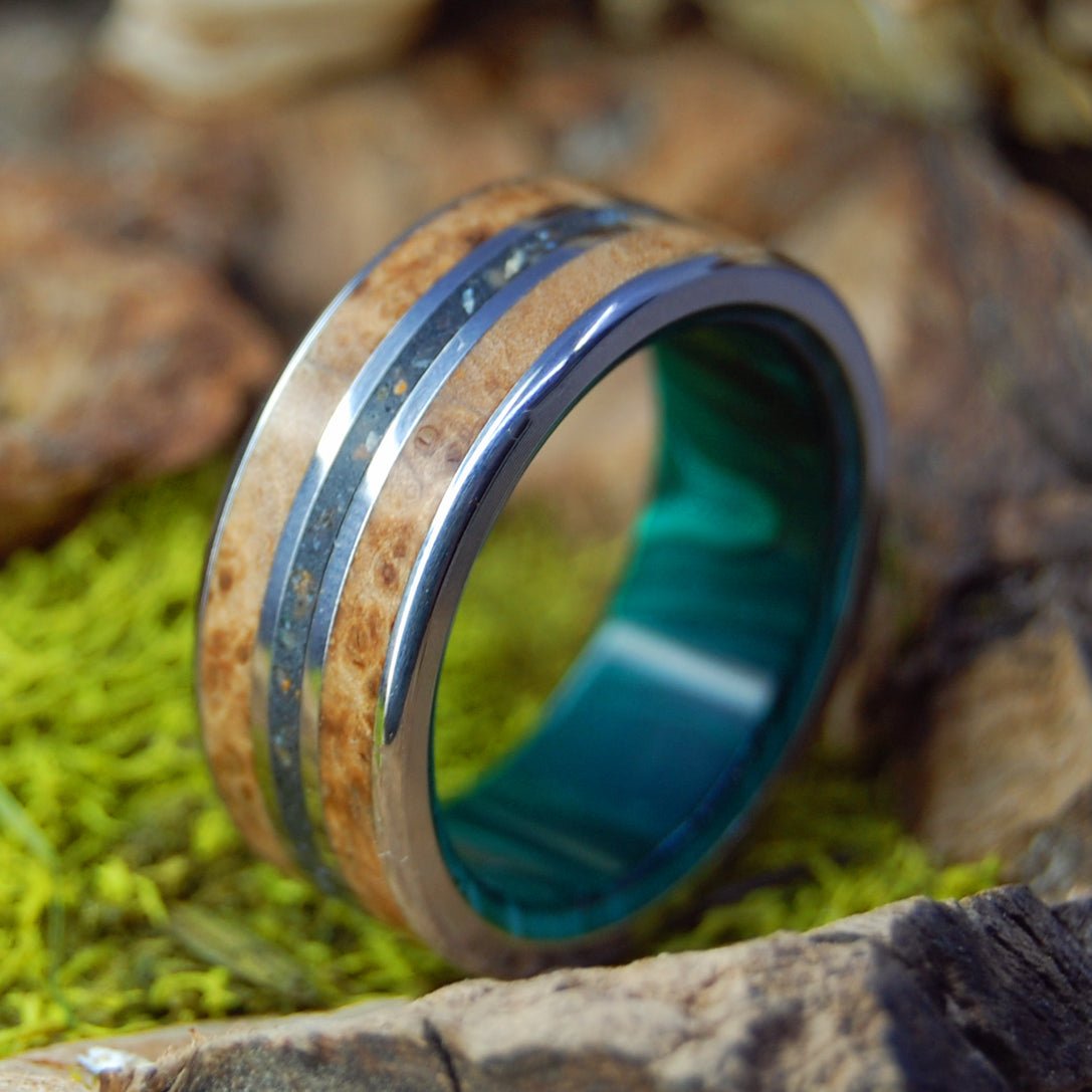 Bring Iceland Home | Men's Lava, Malachite Stone, Golden Box Elder & Titanium Wedding Ring - Minter and Richter Designs