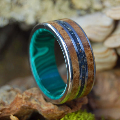 Bring Iceland Home | Men's Lava, Malachite Stone, Golden Box Elder & Titanium Wedding Ring - Minter and Richter Designs