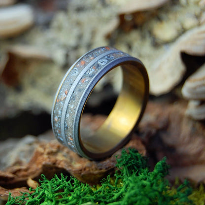 Bronze & Sandblasted Tomb Of Christ | Men's Jerusalem Earth, Armenian Obsidian & Bronze Wedding Ring - Minter and Richter Designs