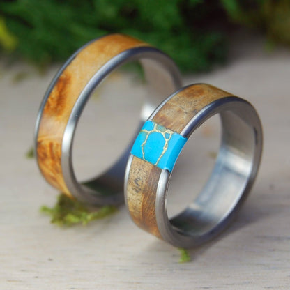 Brown Box Elder Set | Wood & Tibetan Turquoise - Titanium Wedding Ring Set - Minter and Richter Designs