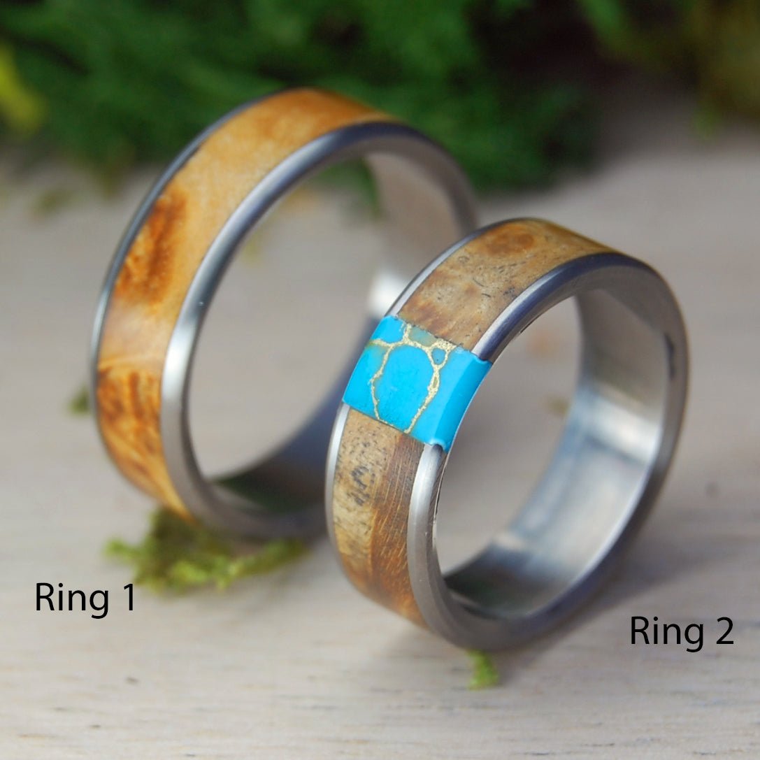 Brown Box Elder Set | Wood & Tibetan Turquoise - Titanium Wedding Ring Set - Minter and Richter Designs