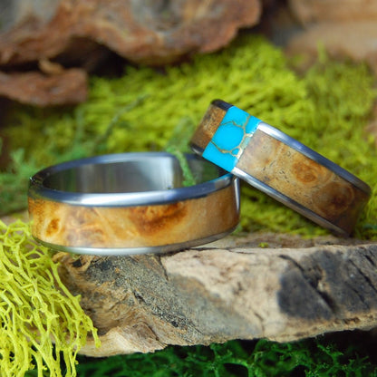 Brown Box Elder Set | Wood & Tibetan Turquoise - Titanium Wedding Ring Set - Minter and Richter Designs