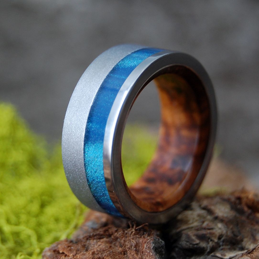 Butterflies | Men's Blue Sparkle Resin, Redwood & Titanium Engagement Ring - Minter and Richter Designs