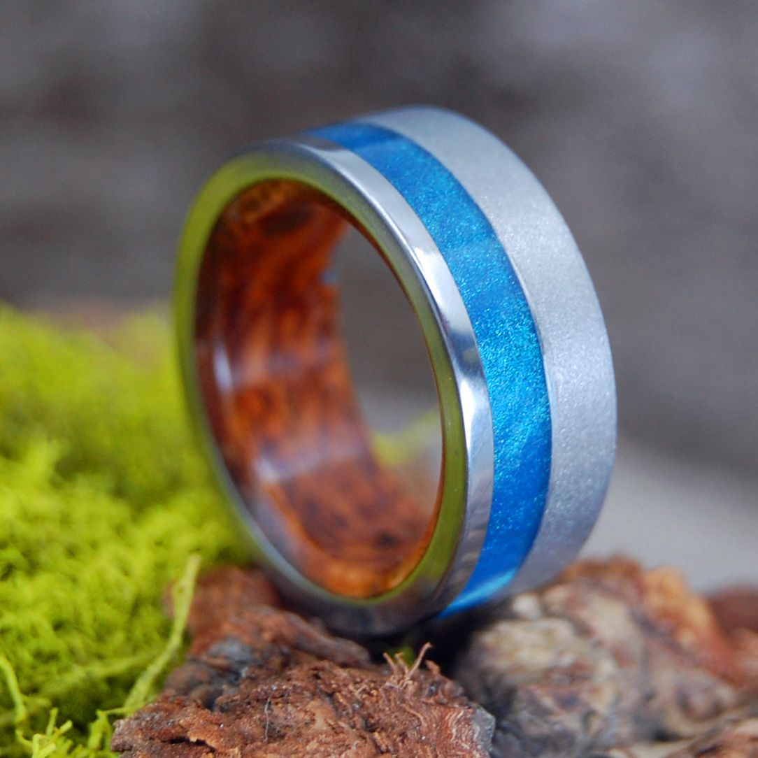 Butterflies | Men's Blue Sparkle Resin, Redwood & Titanium Engagement Ring - Minter and Richter Designs