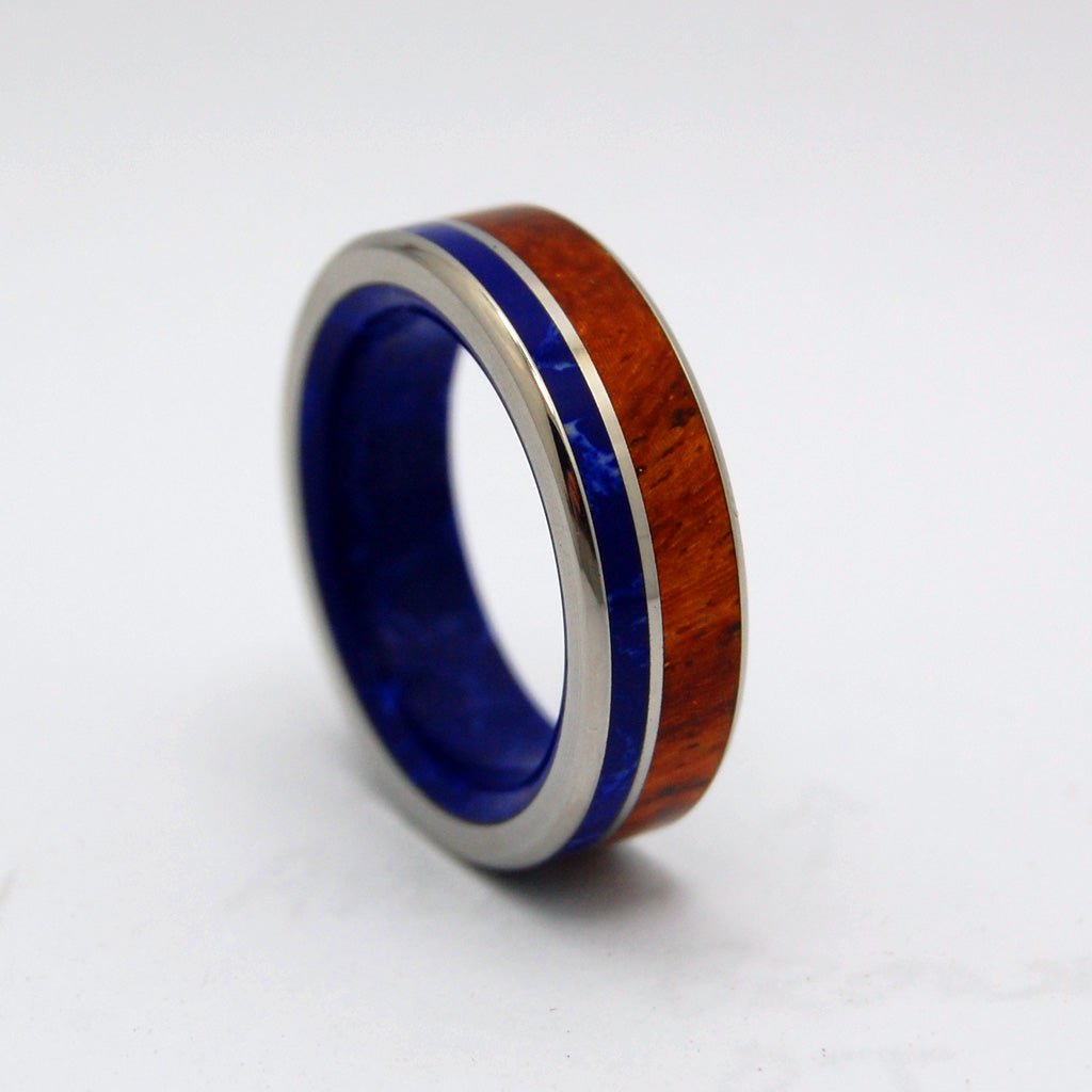 By The Lake | Men's Amboyna Burl Wood, Sodalite Stone & Titanium Wedding Ring - Minter and Richter Designs