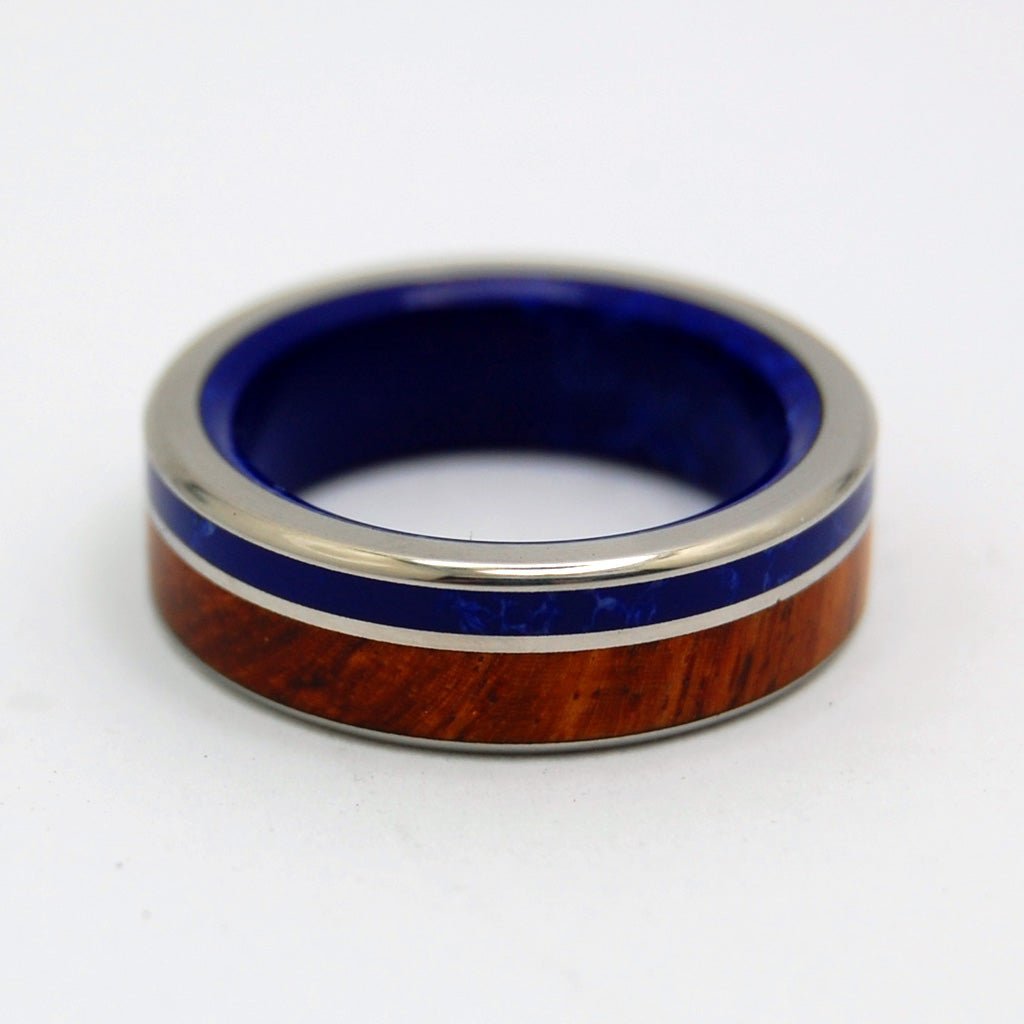 By The Lake | Men's Amboyna Burl Wood, Sodalite Stone & Titanium Wedding Ring - Minter and Richter Designs