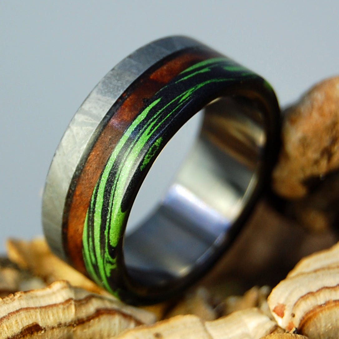 California Greening | Men's Meteorite, Dinosaur Tooth, California Redwood, M3 & Titanium Wedding Ring - Minter and Richter Designs