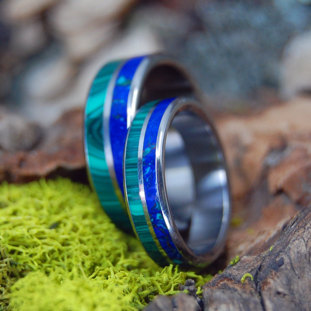 Can't Hold Us Back | Malachite Stone, Azurite Stone & Titanium - Unique Wedding Ring - Wedding Ring Set - Minter and Richter Designs