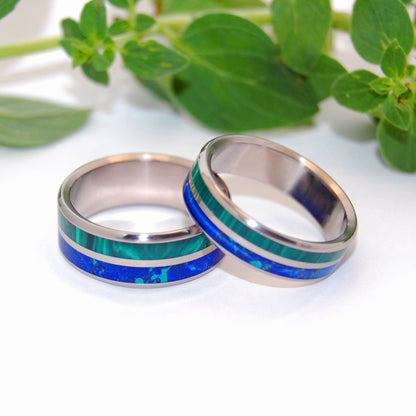 Can't Hold Us Back | Malachite Stone, Azurite Stone & Titanium - Unique Wedding Ring - Wedding Ring Set - Minter and Richter Designs