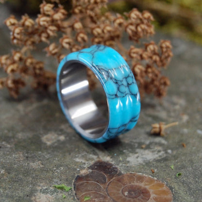 Carved Turquoise | Men's Turquoise & Titanium Wedding Ring - Minter and Richter Designs