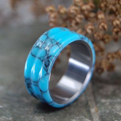 Carved Turquoise | Men's Turquoise & Titanium Wedding Ring - Minter and Richter Designs