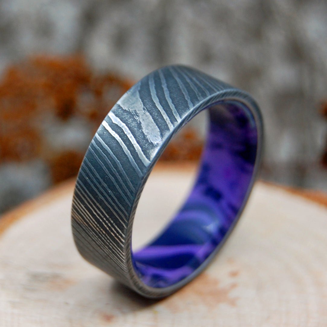 Charoite Stone Vortex | Men's Damascus Steel, Purple Charoite Stone & Titanium Wedding Ring - Minter and Richter Designs