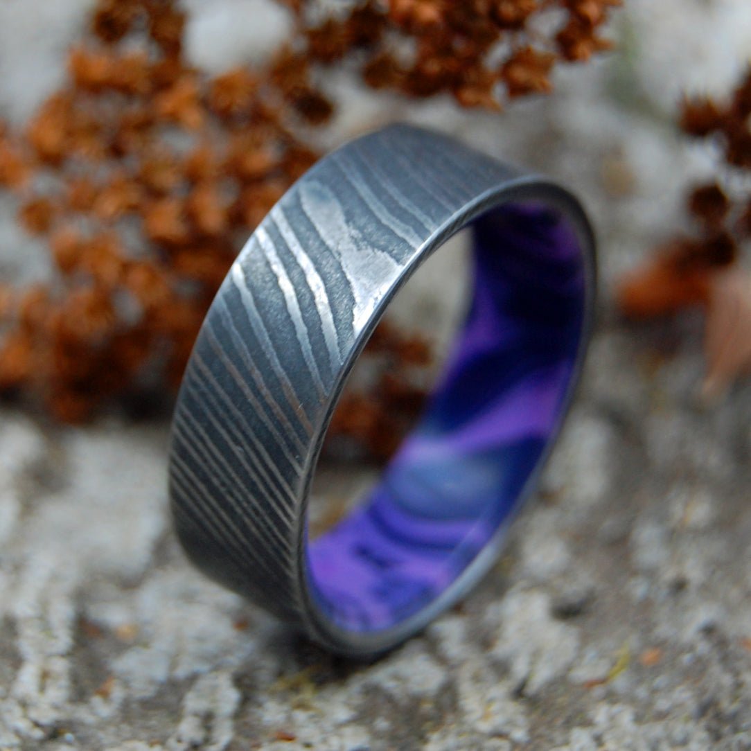 Charoite Stone Vortex | Men's Damascus Steel, Purple Charoite Stone & Titanium Wedding Ring - Minter and Richter Designs