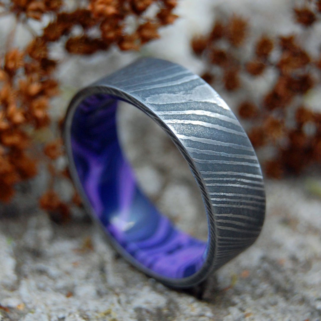 Charoite Stone Vortex | Men's Damascus Steel, Purple Charoite Stone & Titanium Wedding Ring - Minter and Richter Designs