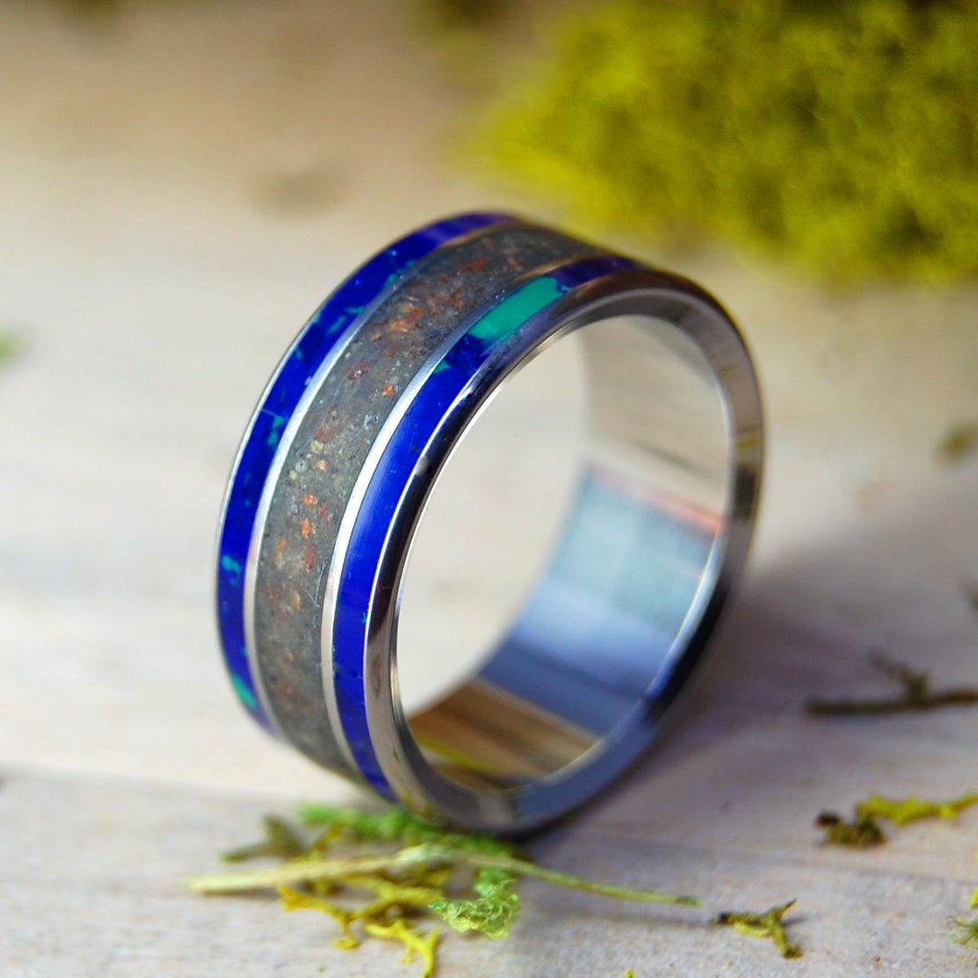 Chebeague Island Maine | Men's Sand, Azurite, Malachite & Titanium Wedding Ring - Minter and Richter Designs